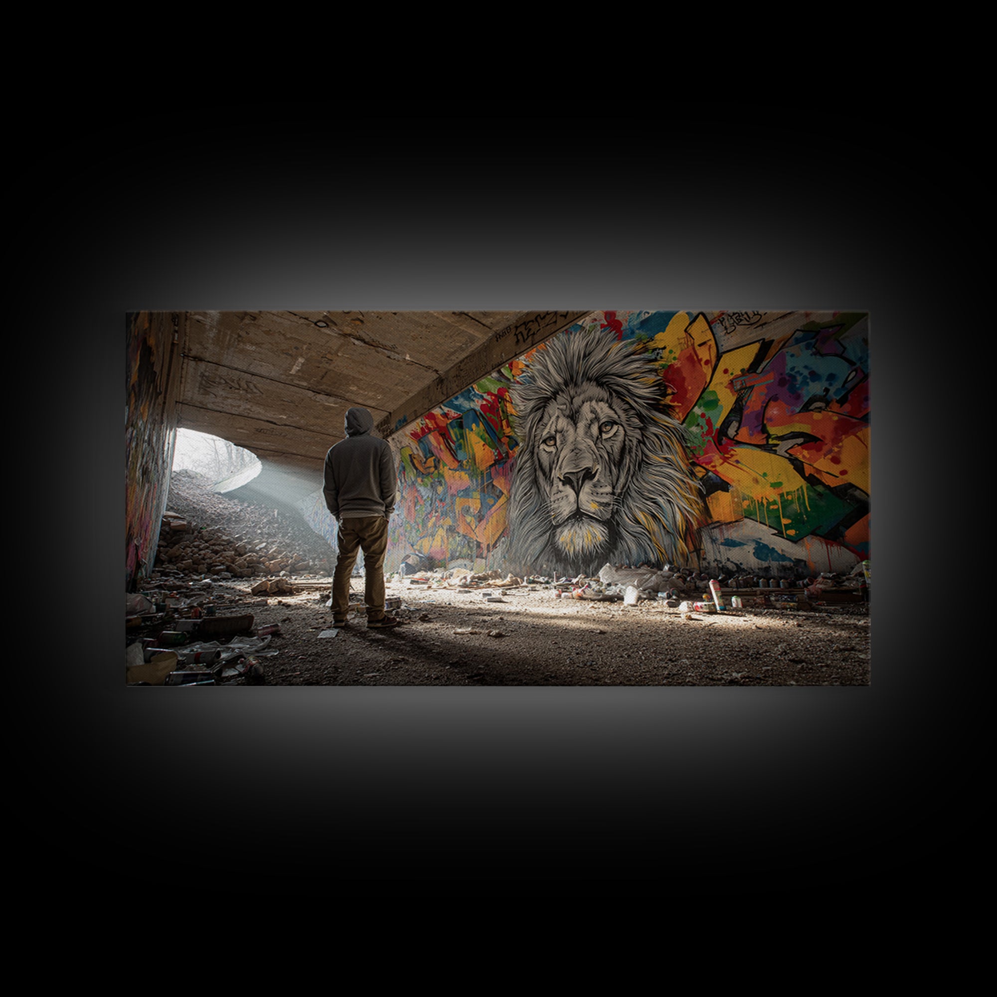 Hooded Figure Before Graffiti Lion Wall Art, Urban Street Art Canvas Print, Bold Industrial Decor, Gift For Him, Modern Home Decor