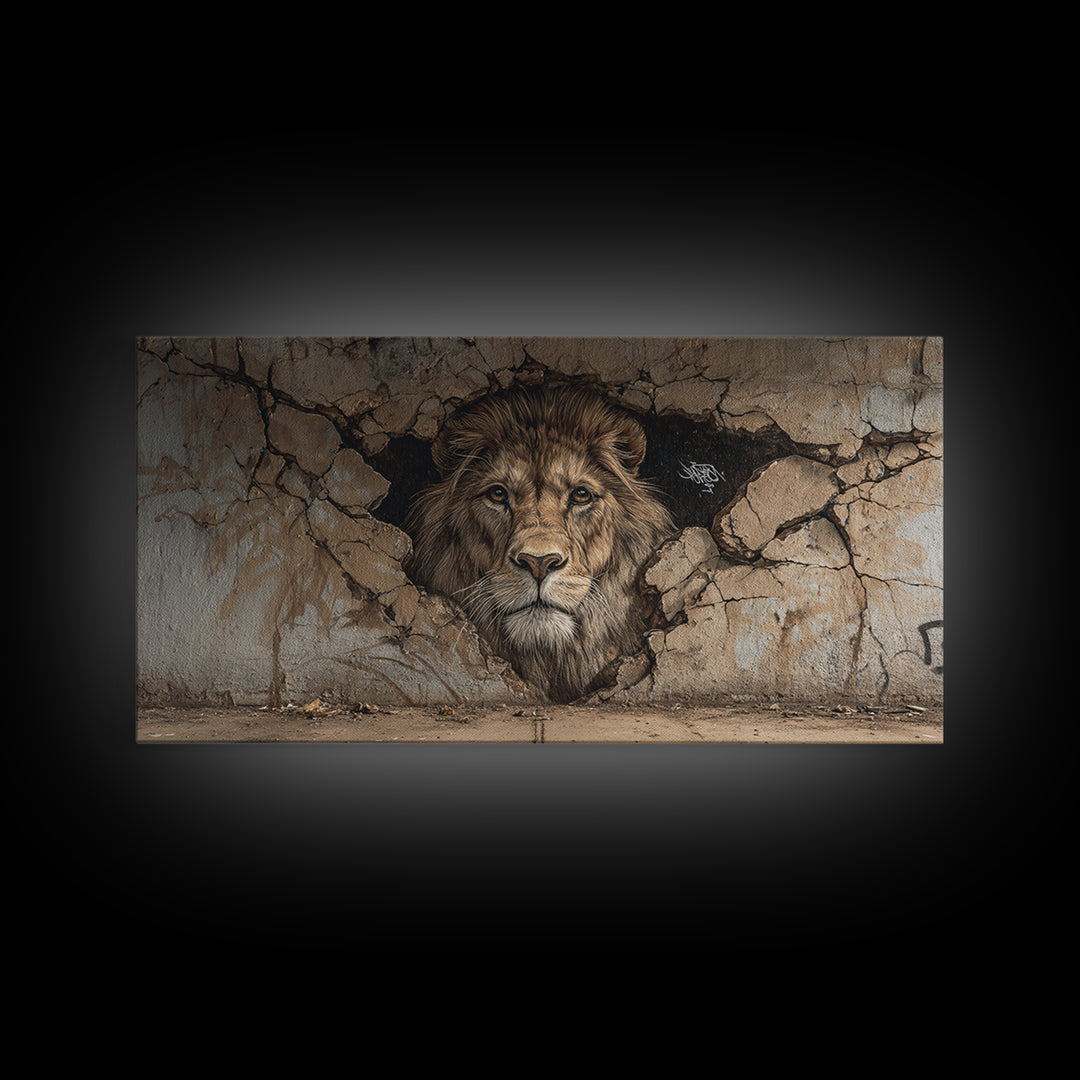Cracked Wall Lion Mural Wall Art, Wildlife Graffiti Canvas Print, Big Cat Street Art, Urban Decor For Modern Living Room