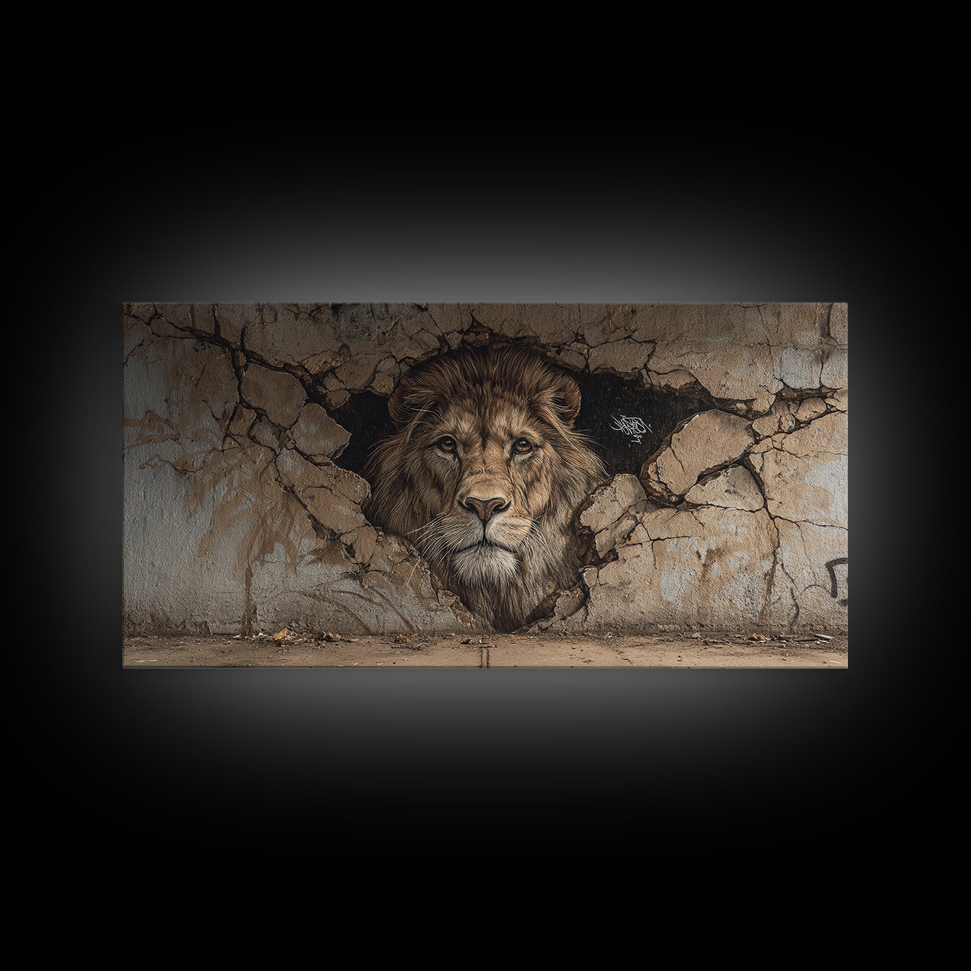 Cracked Wall Lion Mural Wall Art, Wildlife Graffiti Canvas Print, Big Cat Street Art, Urban Decor For Modern Living Room