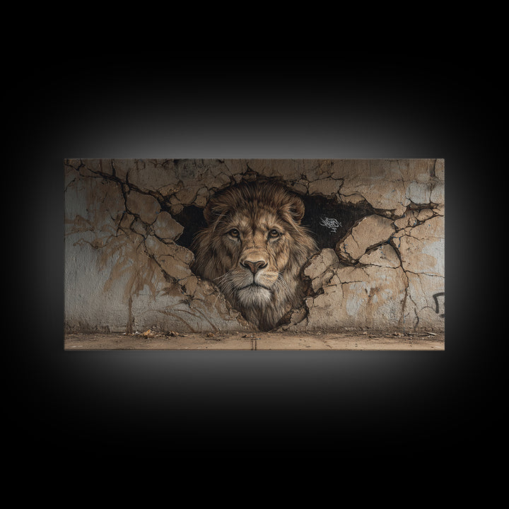 Cracked Wall Lion Mural Wall Art, Wildlife Graffiti Canvas Print, Big Cat Street Art, Urban Decor For Modern Living Room