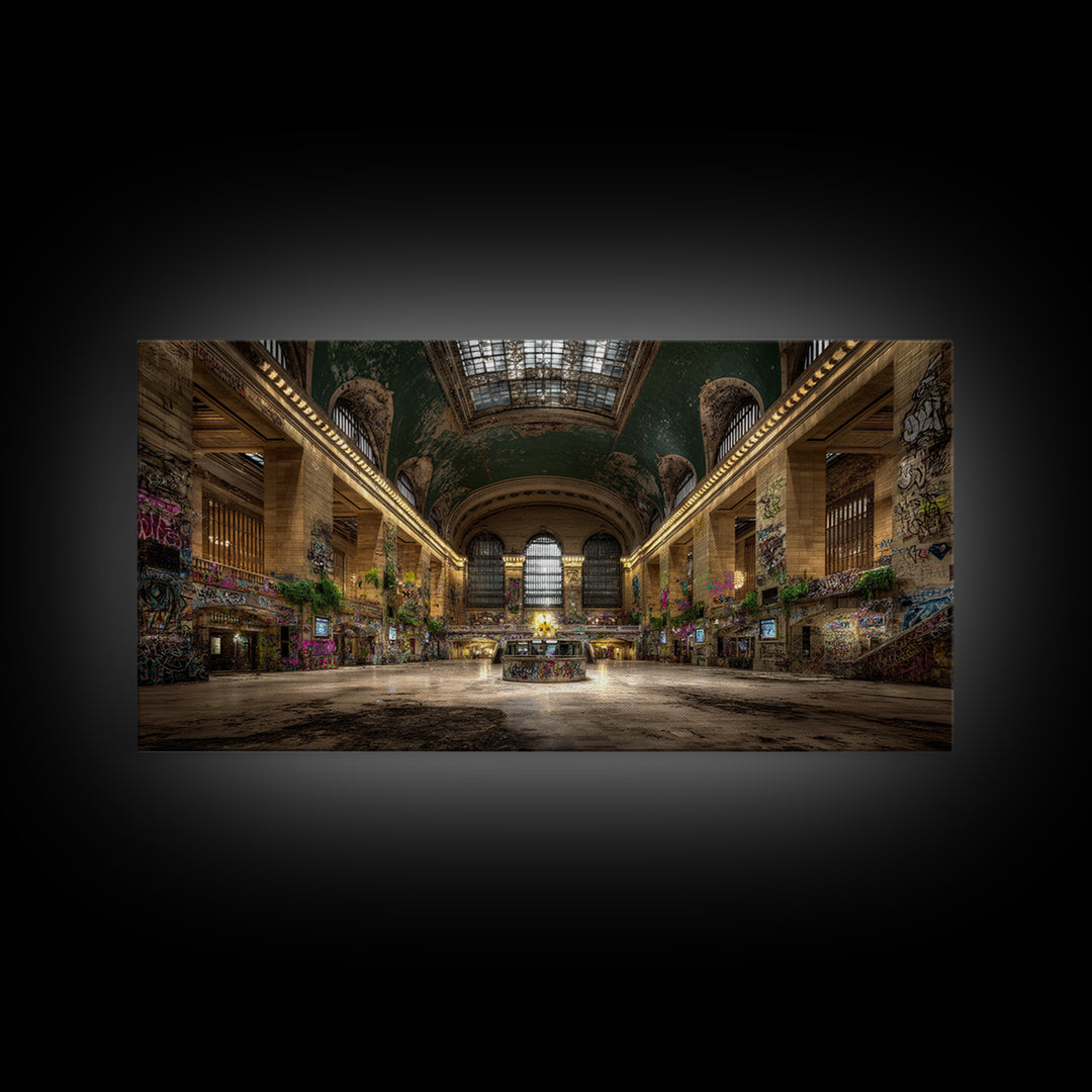 Overgrown Grand Train Station Wall Art, Abandoned Urban Canvas Print, Graffiti Decor, Architecture Poster, Eclectic Wall Decor