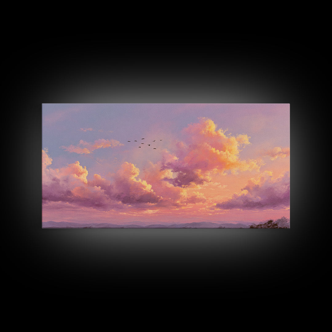 Golden Pink Sunset Clouds Over Mountains Wall Art, Serene Landscape Canvas Print, Living Room Decor, Housewarming Gift For Her