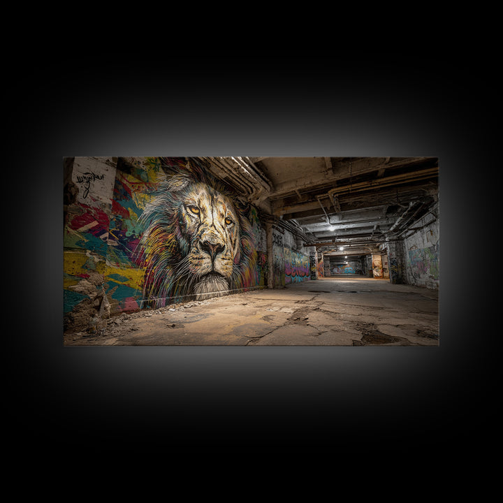 Underground Lion Graffiti Wall Art, Urban Street Art Canvas Print, Industrial Decor, Bold Wildlife Mural For Loft Office