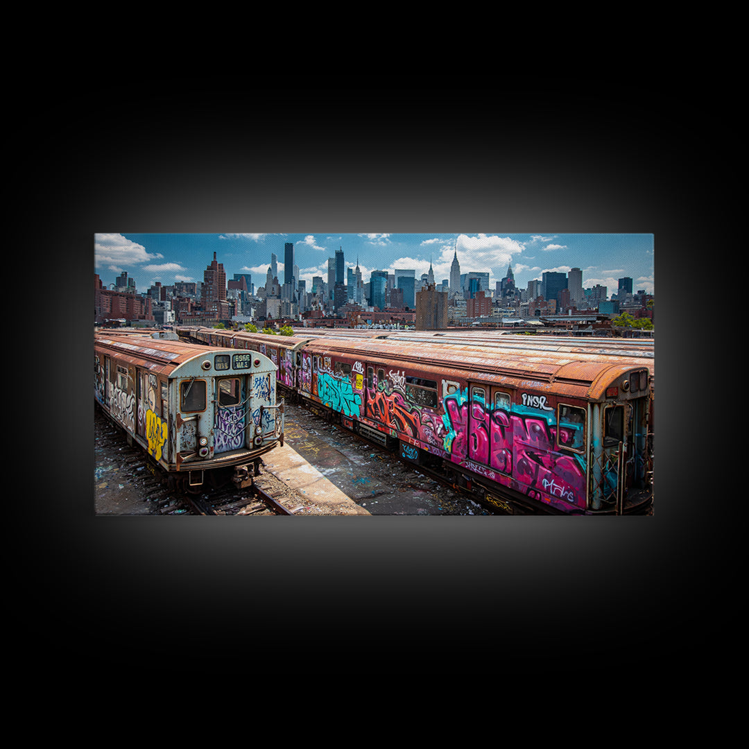 Graffiti Subway Trains With New York Skyline Wall Art, Urban Street Art Canvas Print, NYC Decor, Industrial Office Poster