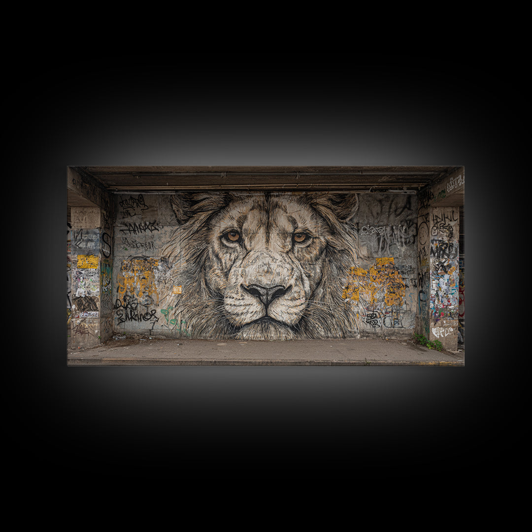 Black And White Lion Graffiti Wall Art, Urban Street Art Mural Print, Big Cat Decor, Masculine Office Decor, Gift For Him