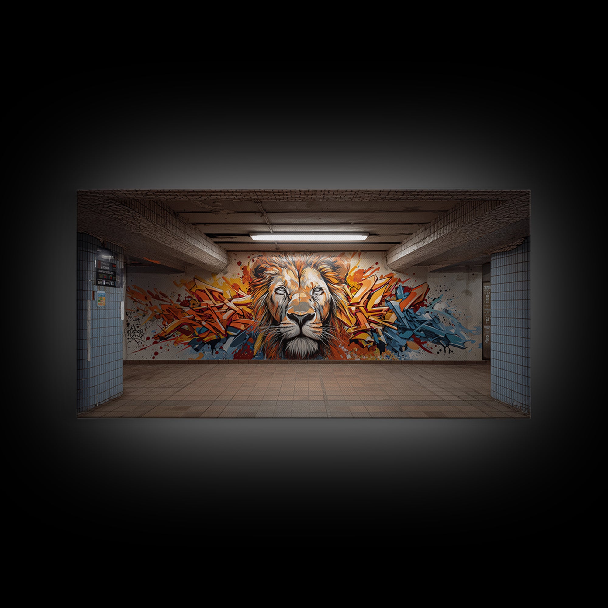 Colorful Graffiti Lion Subway Wall Art, Urban Street Art Canvas Print, Bold Modern Decor, Industrial Loft Statement Art Print