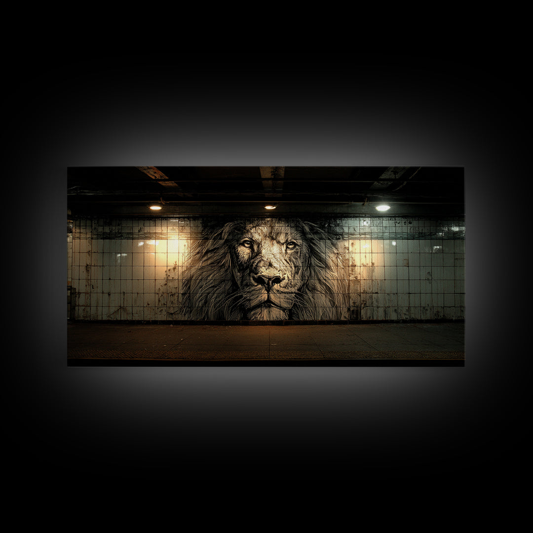 Black And White Lion Mural Wall Art, Urban Street Art Canvas, Industrial Loft Decor, Masculine Office Wall Decor, Bold Art Print