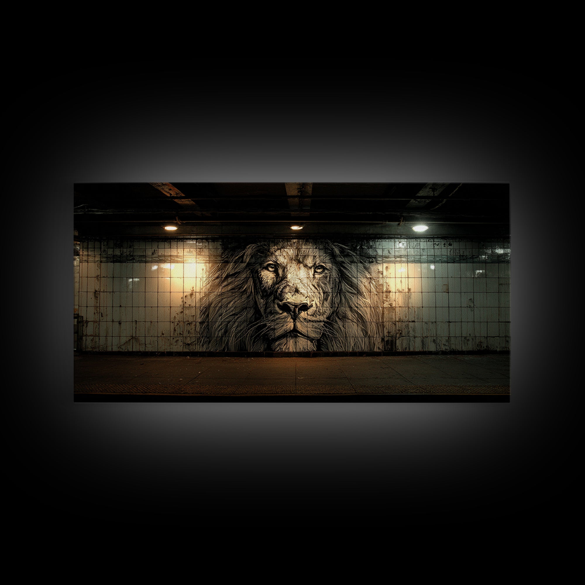 Black And White Lion Mural Wall Art, Urban Street Art Canvas, Industrial Loft Decor, Masculine Office Wall Decor, Bold Art Print