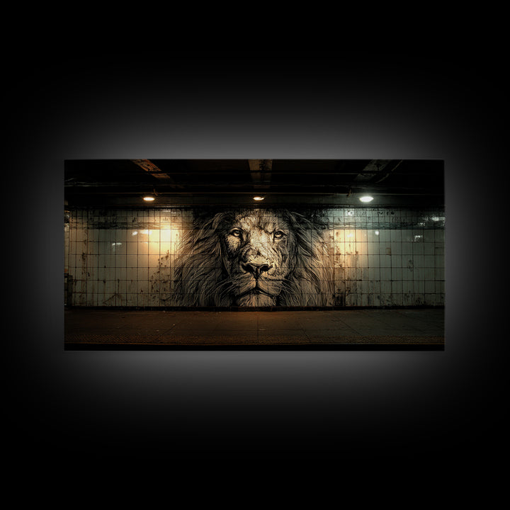 Black And White Lion Mural Wall Art, Urban Street Art Canvas, Industrial Loft Decor, Masculine Office Wall Decor, Bold Art Print
