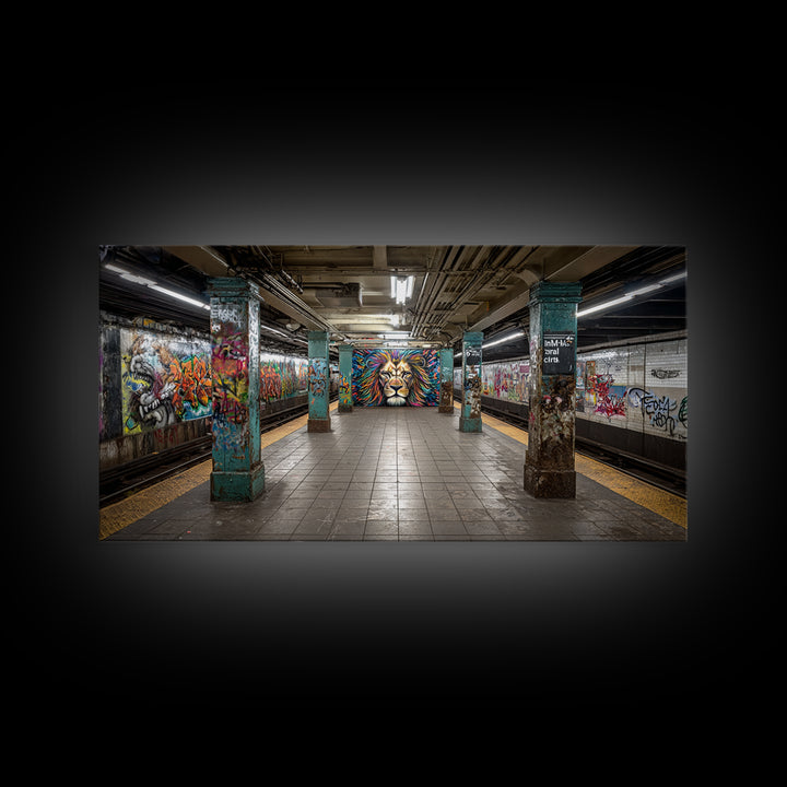 Graffiti Subway Platform With Lion Mural Wall Art, Urban Street Art Canvas Print, Pop Art Decor, Modern Office Wall Decor