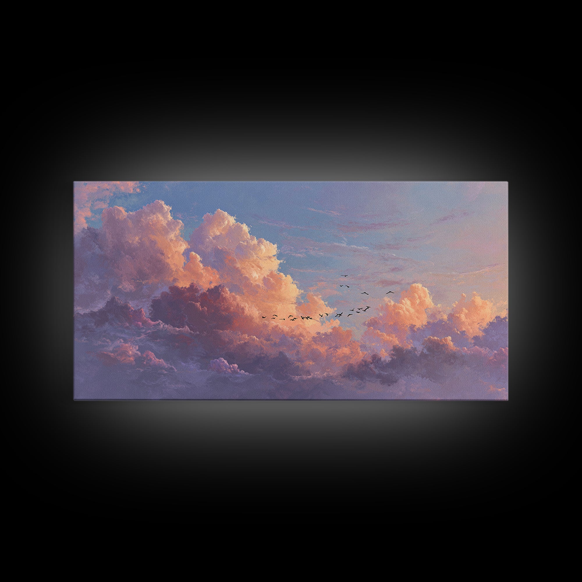 Dramatic Pastel Cloudscape With Birds Canvas Print, Sunset Sky Wall Art, Large Landscape Decor For Living Room, Office Decor