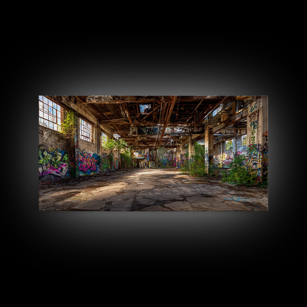 Abandoned Warehouse Graffiti Wall Art, Urban Decay Photography Canvas Print, Industrial Loft Decor, Large Street Art Poster