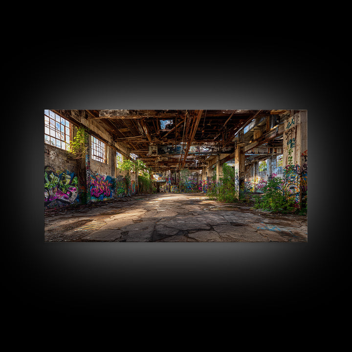 Abandoned Warehouse Graffiti Wall Art, Urban Decay Photography Canvas Print, Industrial Loft Decor, Large Street Art Poster