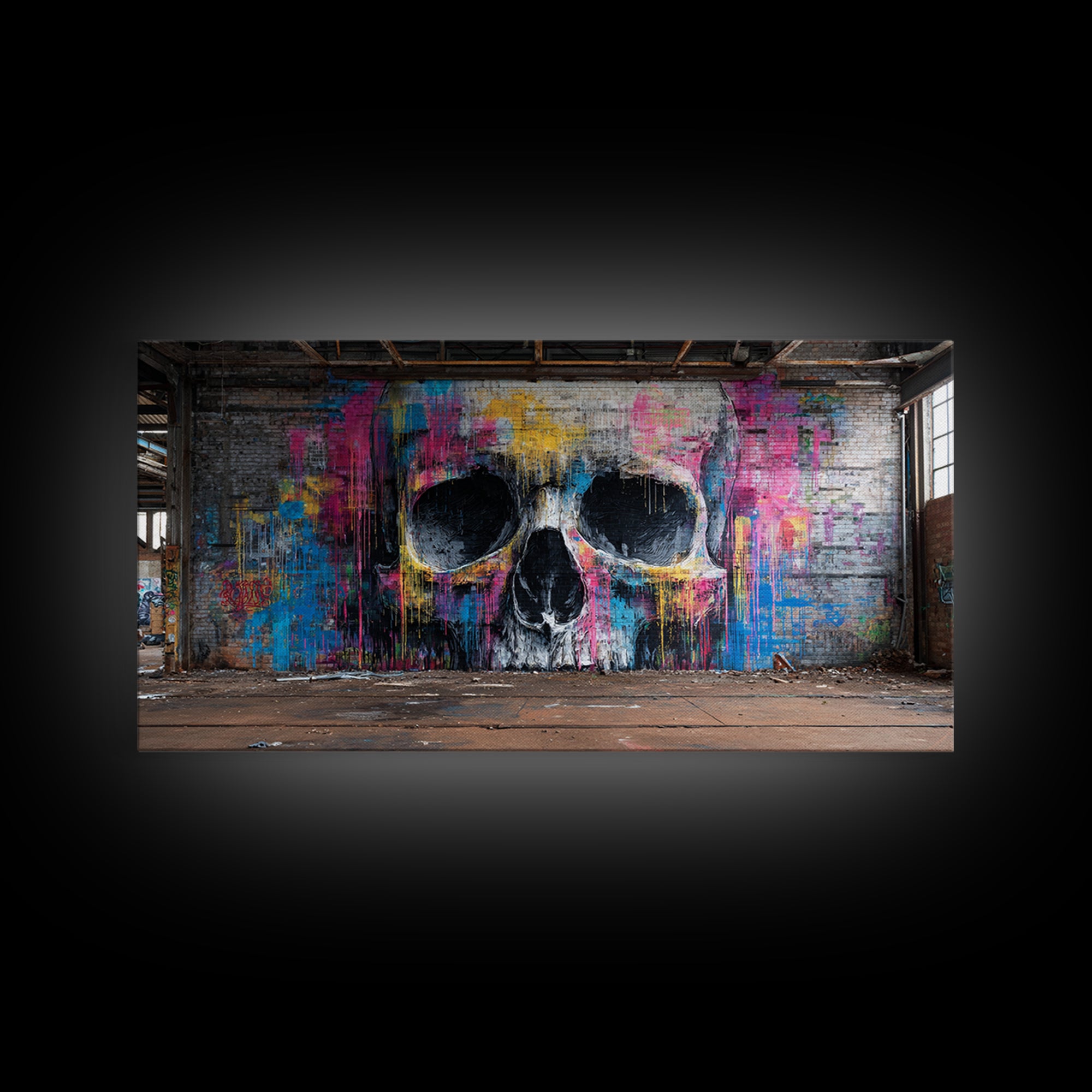Neon Graffiti Skull Mural In Abandoned Warehouse Wall Art, Street Art Print, Gothic Decor, Edgy Urban Poster, Man Cave Decor
