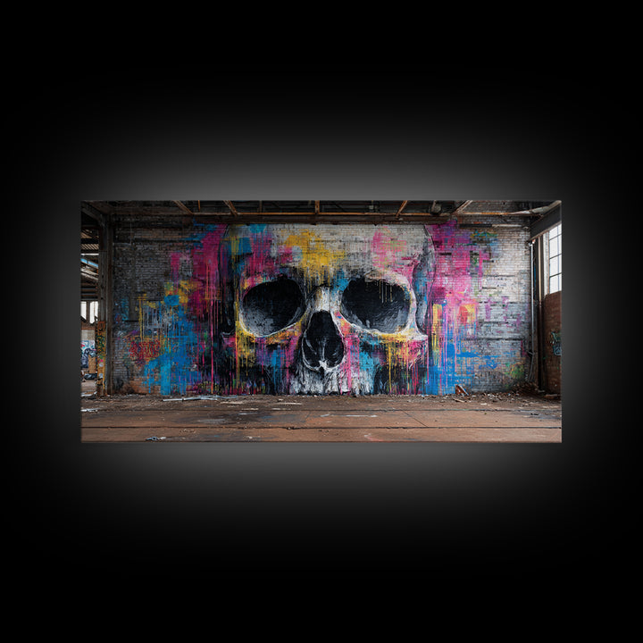 Neon Graffiti Skull Mural In Abandoned Warehouse Wall Art, Street Art Print, Gothic Decor, Edgy Urban Poster, Man Cave Decor
