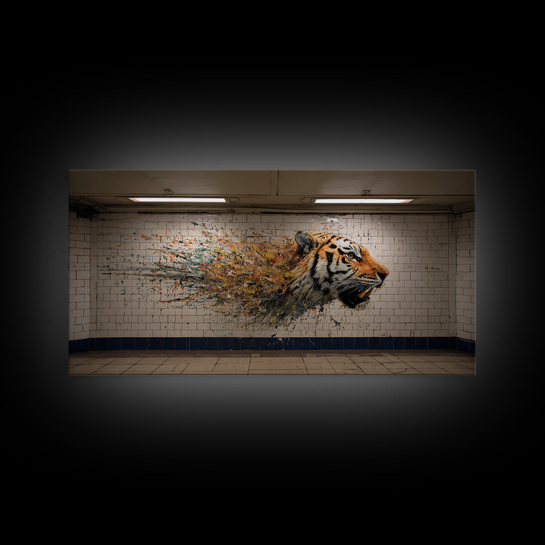 Exploding Tiger Subway Mural Wall Art, Urban Street Art Canvas Print, Bold Animal Decor, Maximalist Gift For Him Modern Loft