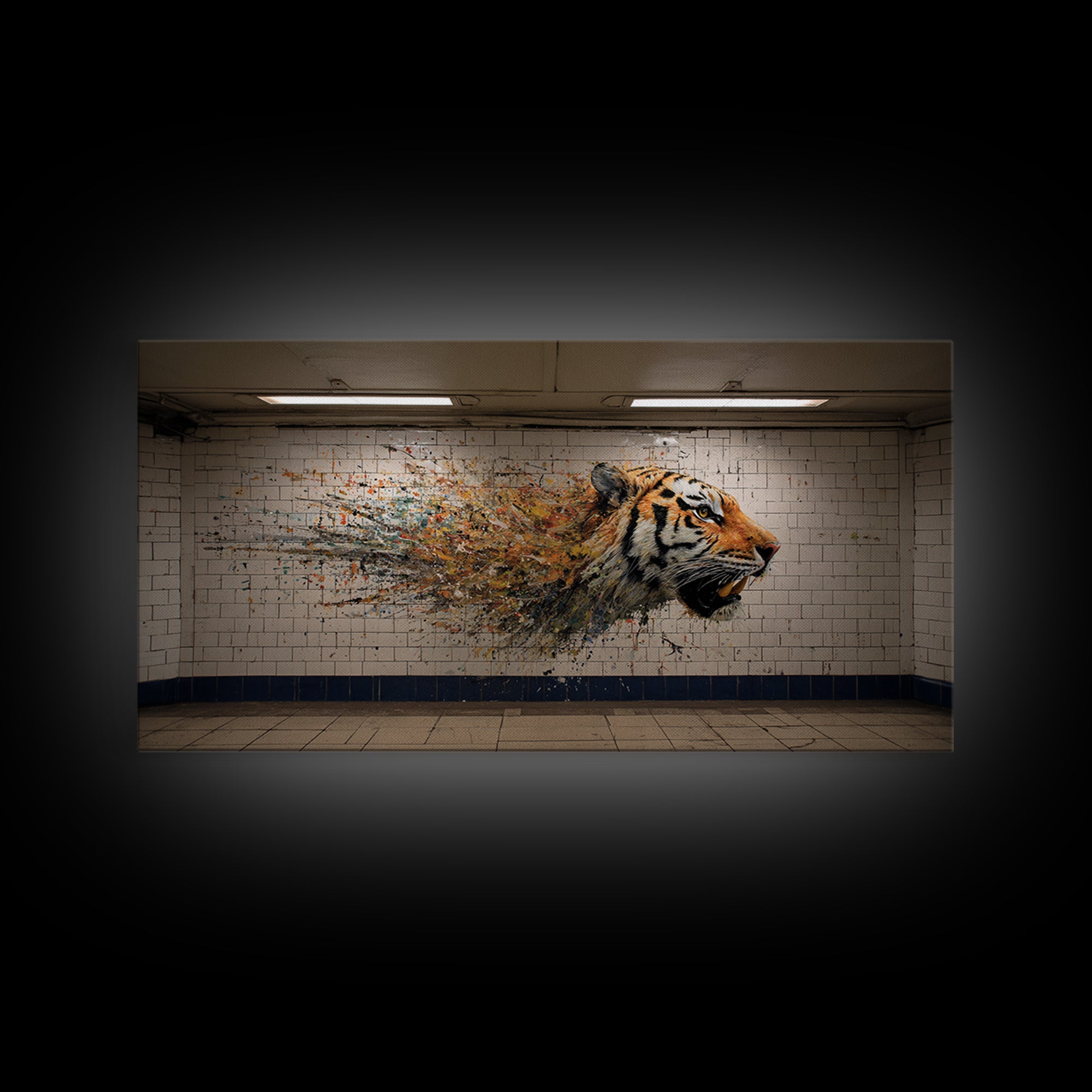 Exploding Tiger Subway Mural Wall Art, Urban Street Art Canvas Print, Bold Animal Decor, Maximalist Gift For Him Modern Loft