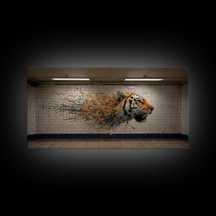 Exploding Tiger Subway Mural Wall Art, Urban Street Art Canvas Print, Bold Animal Decor, Maximalist Gift For Him Modern Loft