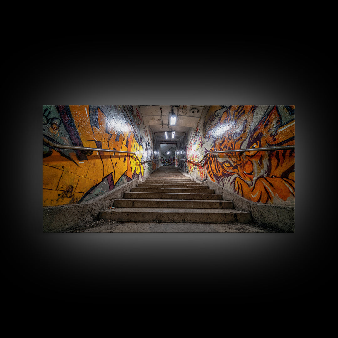 Graffiti Stairway Tunnel Wall Art, Underground Urban Street Art Canvas Print, Gritty Industrial Decor, Colorful Modern Art