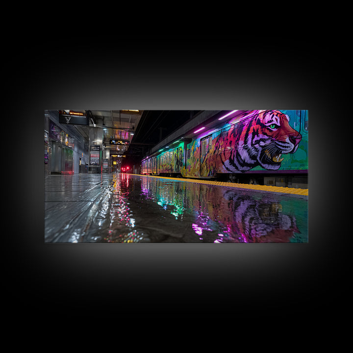 Neon Tiger Train Station Wall Art, Urban Subway Graffiti Canvas Print, Cyberpunk Animal Decor For Modern Living Room Gallery