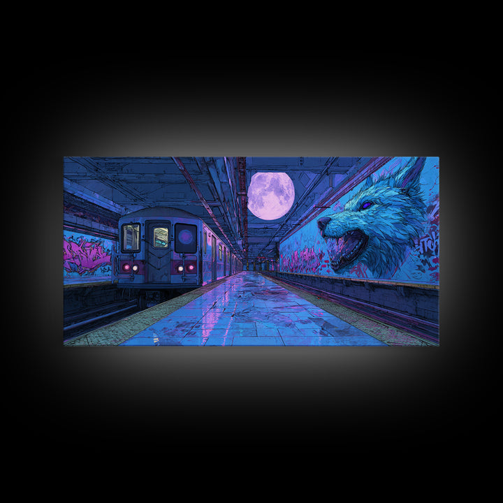 Moonlit Subway Wolf Canvas Print, Cyberpunk Train Station Wall Art, Neon Animal Graffiti Decor, Modern Urban Home Decor For Gamer Room
