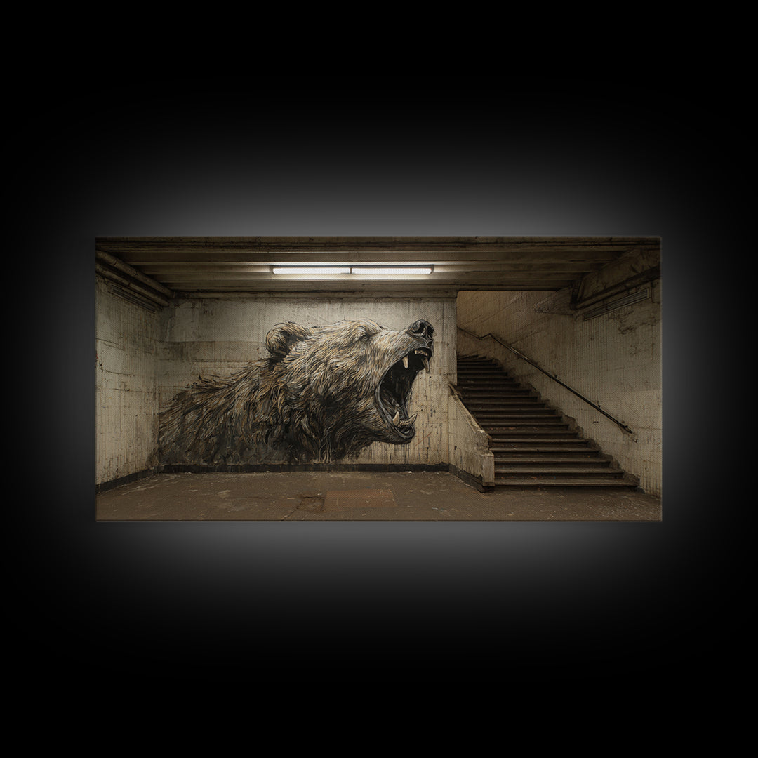 Roaring Bear Urban Subway Wall Art, Black And White Graffiti Canvas Print, Industrial Bathroom Decor, Animal Poster, Gift