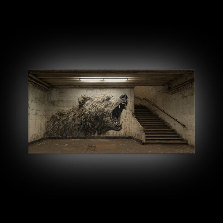 Roaring Bear Urban Subway Wall Art, Black And White Graffiti Canvas Print, Industrial Bathroom Decor, Animal Poster, Gift