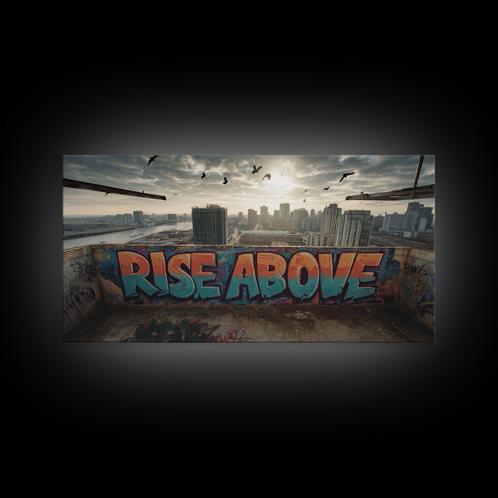 Rise Above Rooftop Graffiti Wall Art, Inspirational Urban Canvas Print, City Skyline Decor, Motivational Office Art Poster