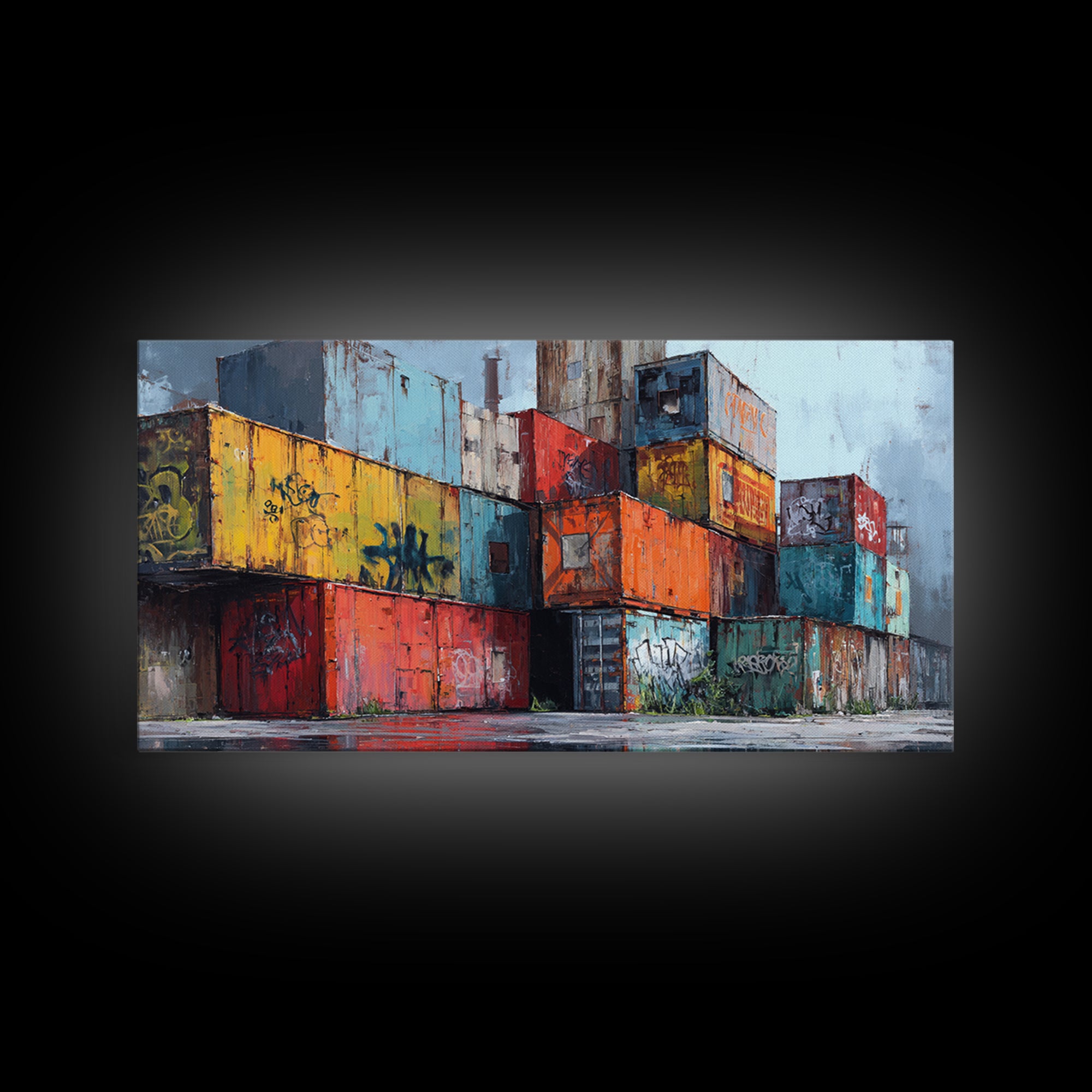Stacked Graffiti Shipping Containers Wall Art, Urban Industrial Canvas Print, Street Art Decor, Modern Office Wall Decor
