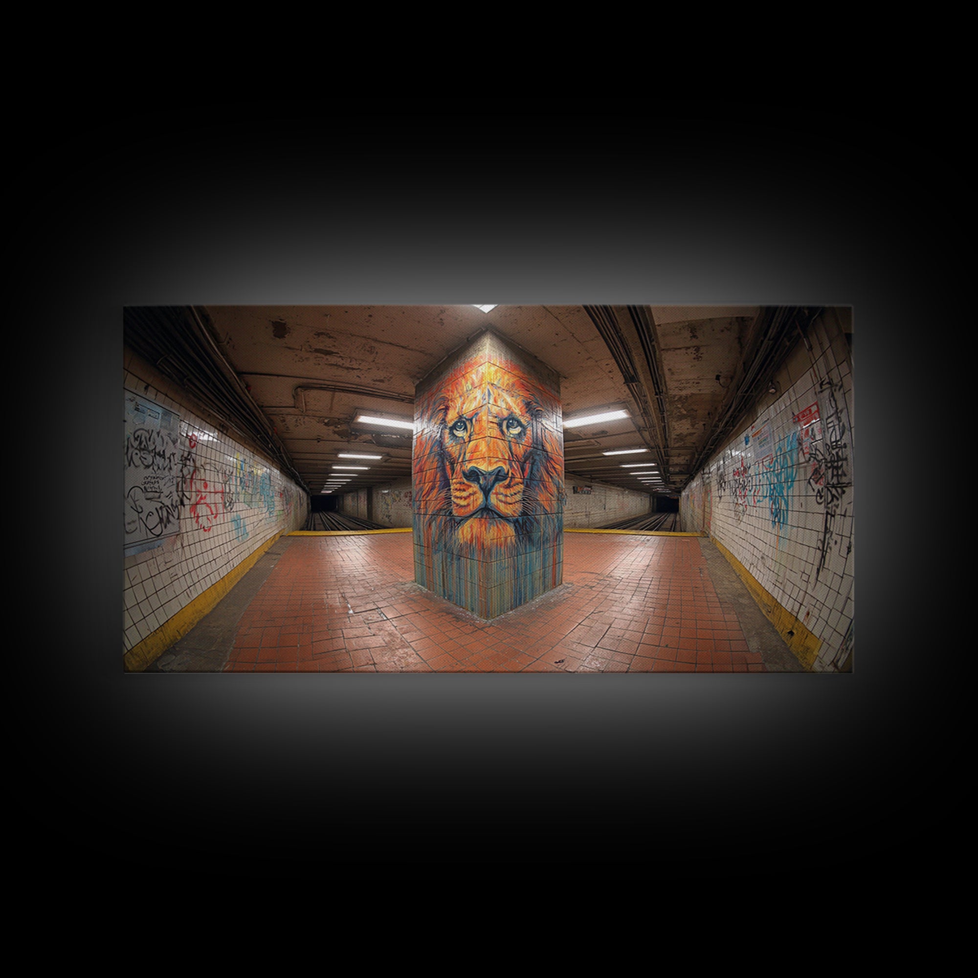 Lion Graffiti Mural In Subway Tunnel Canvas Print, Urban Street Art, Bold Animal Wall Decor, Modern Maximalist Home Decor