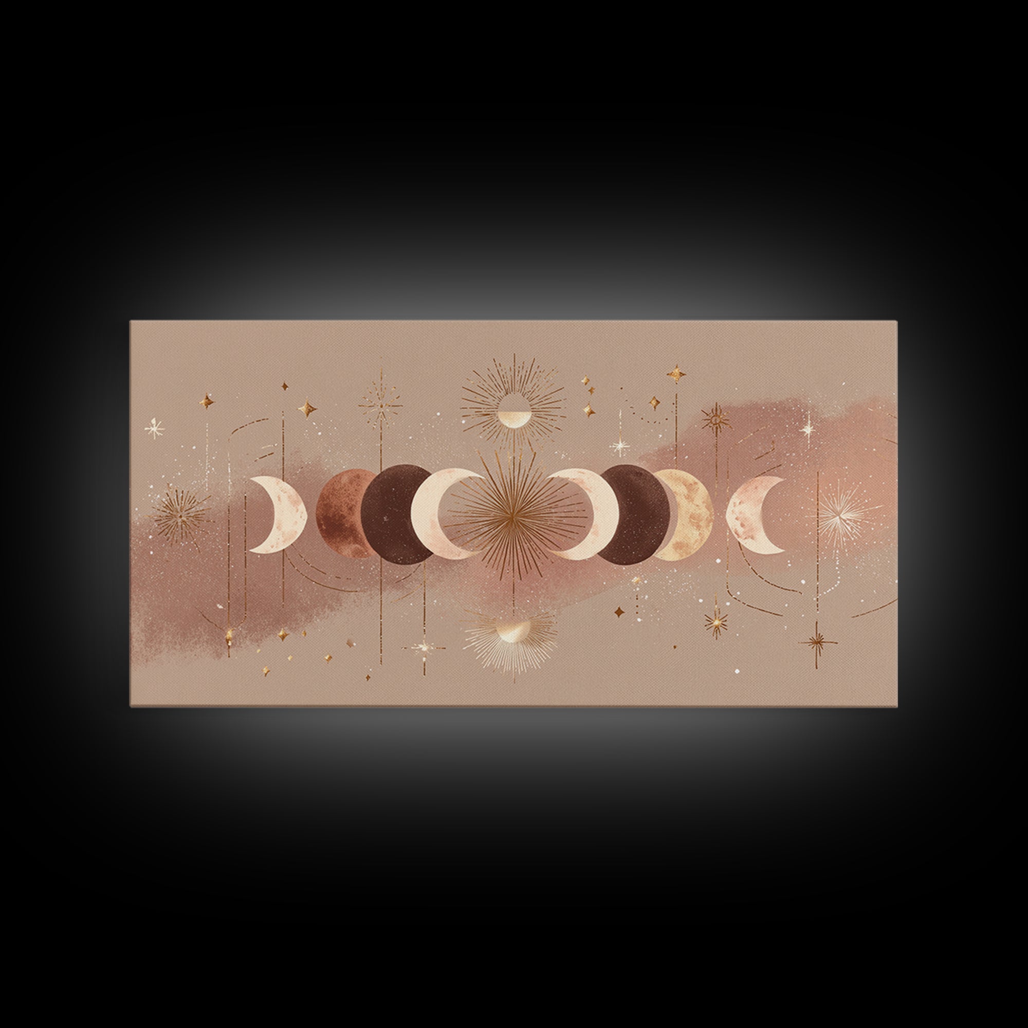 Boho Moon Phases And Radiant Sun Wall Art, Celestial Decor, Mystical Stars Print, Neutral Boho Bedroom Gallery Canvas Print
