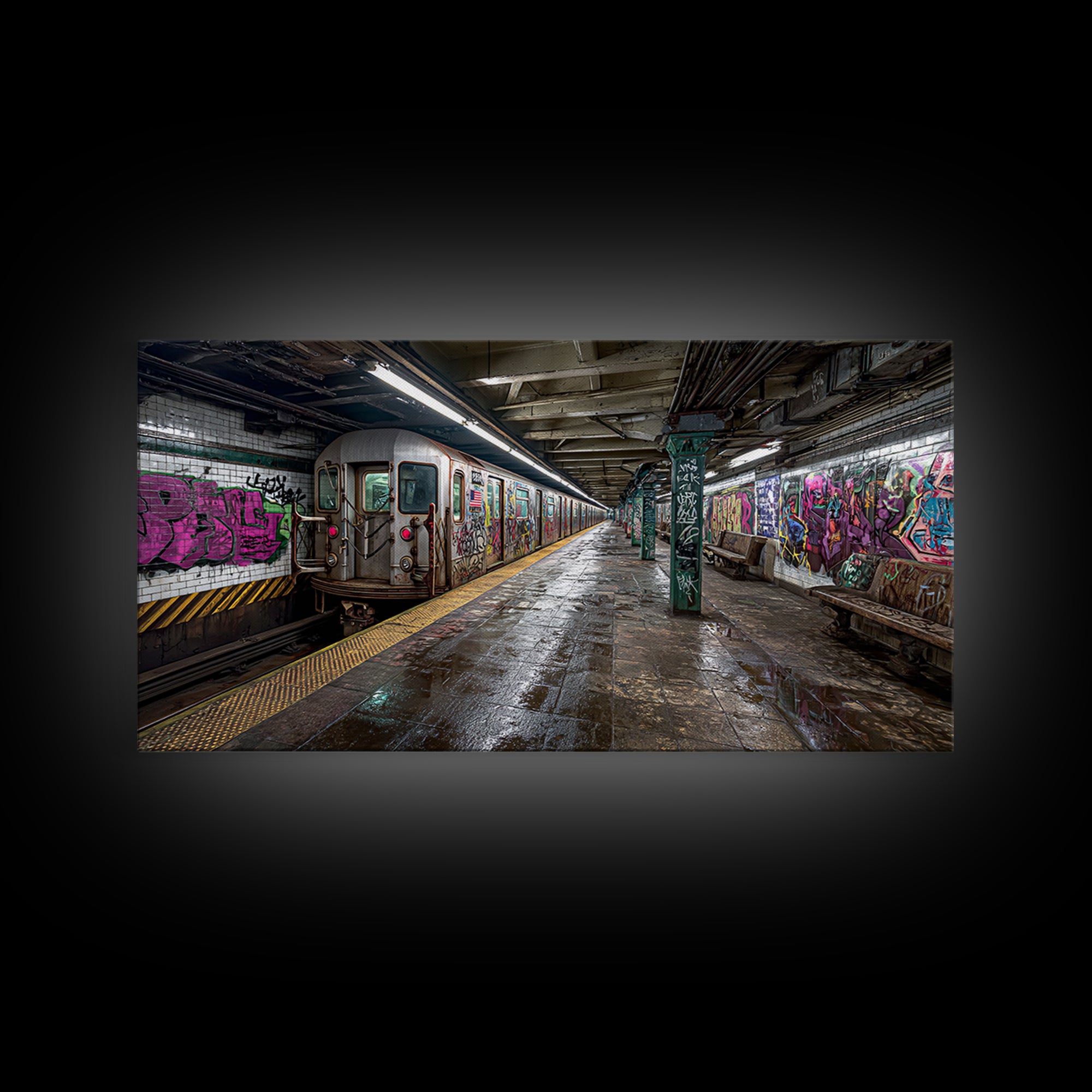Graffiti Subway Train And Gritty Underground Platform Wall Art, Urban Street Art Print, City Decor, Industrial Home Decor