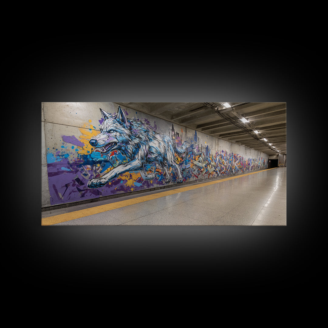 Running Wolf Graffiti Subway Mural Canvas Print, Urban Street Art Wall Art, Colorful Animal Decor, Modern Man Cave Art Gift