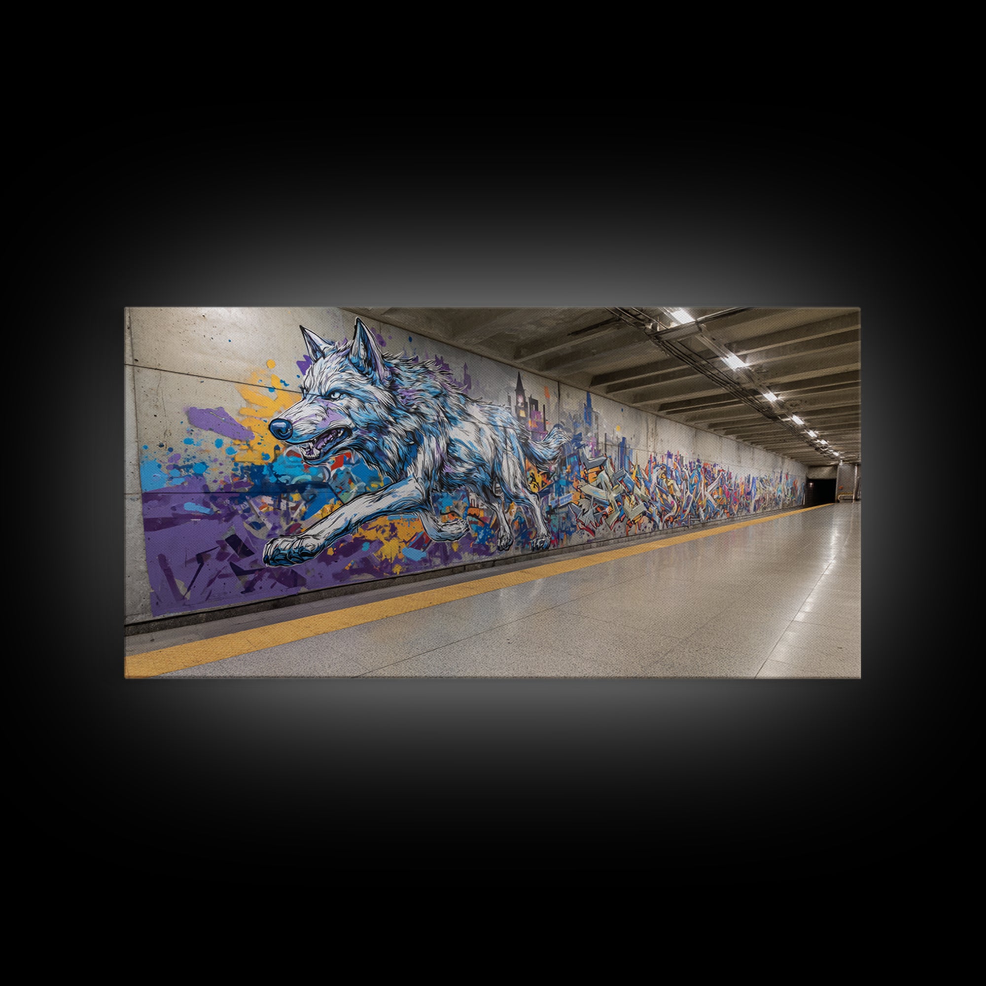Running Wolf Graffiti Subway Mural Canvas Print, Urban Street Art Wall Art, Colorful Animal Decor, Modern Man Cave Art Gift