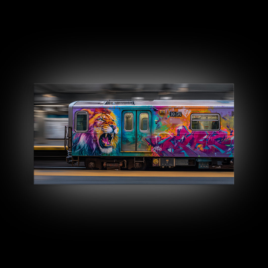 Colorful Lion Graffiti Train Canvas Print, Urban Street Art Wall Art, Dopamine Decor, Bold Pop Art Subway Photography Print