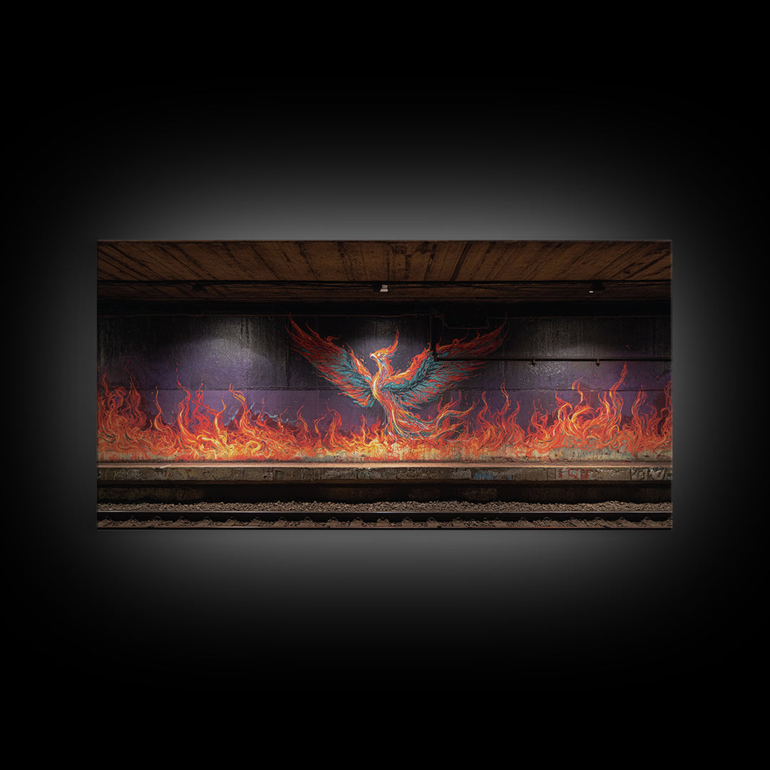 Fiery Phoenix Graffiti In Subway Tunnel Wall Art, Urban Street Art Canvas Print, Bold Industrial Decor, Modern Home Gift