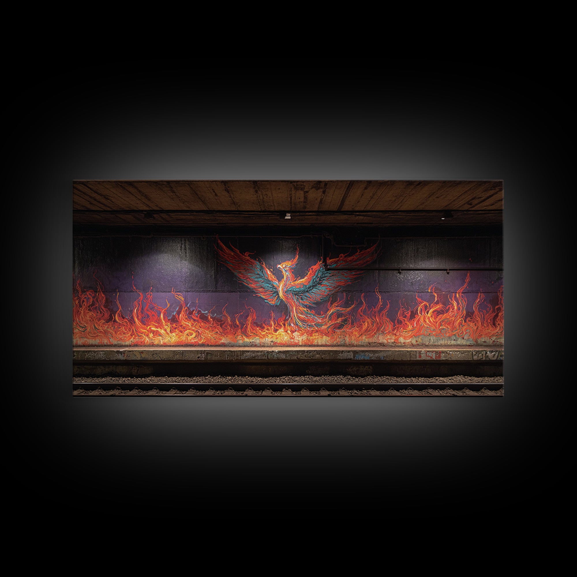 Fiery Phoenix Graffiti In Subway Tunnel Wall Art, Urban Street Art Canvas Print, Bold Industrial Decor, Modern Home Gift