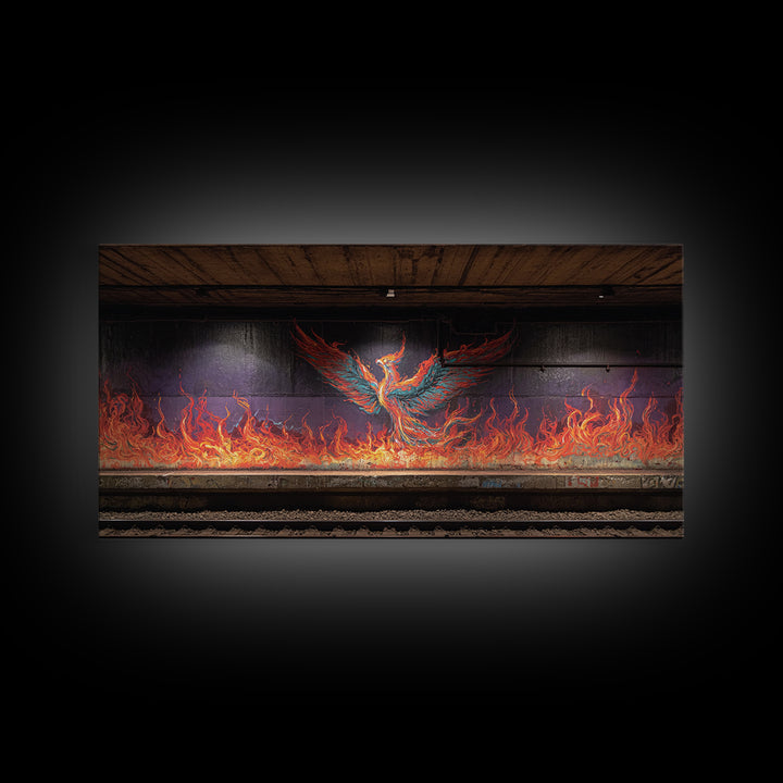 Fiery Phoenix Graffiti In Subway Tunnel Wall Art, Urban Street Art Canvas Print, Bold Industrial Decor, Modern Home Gift
