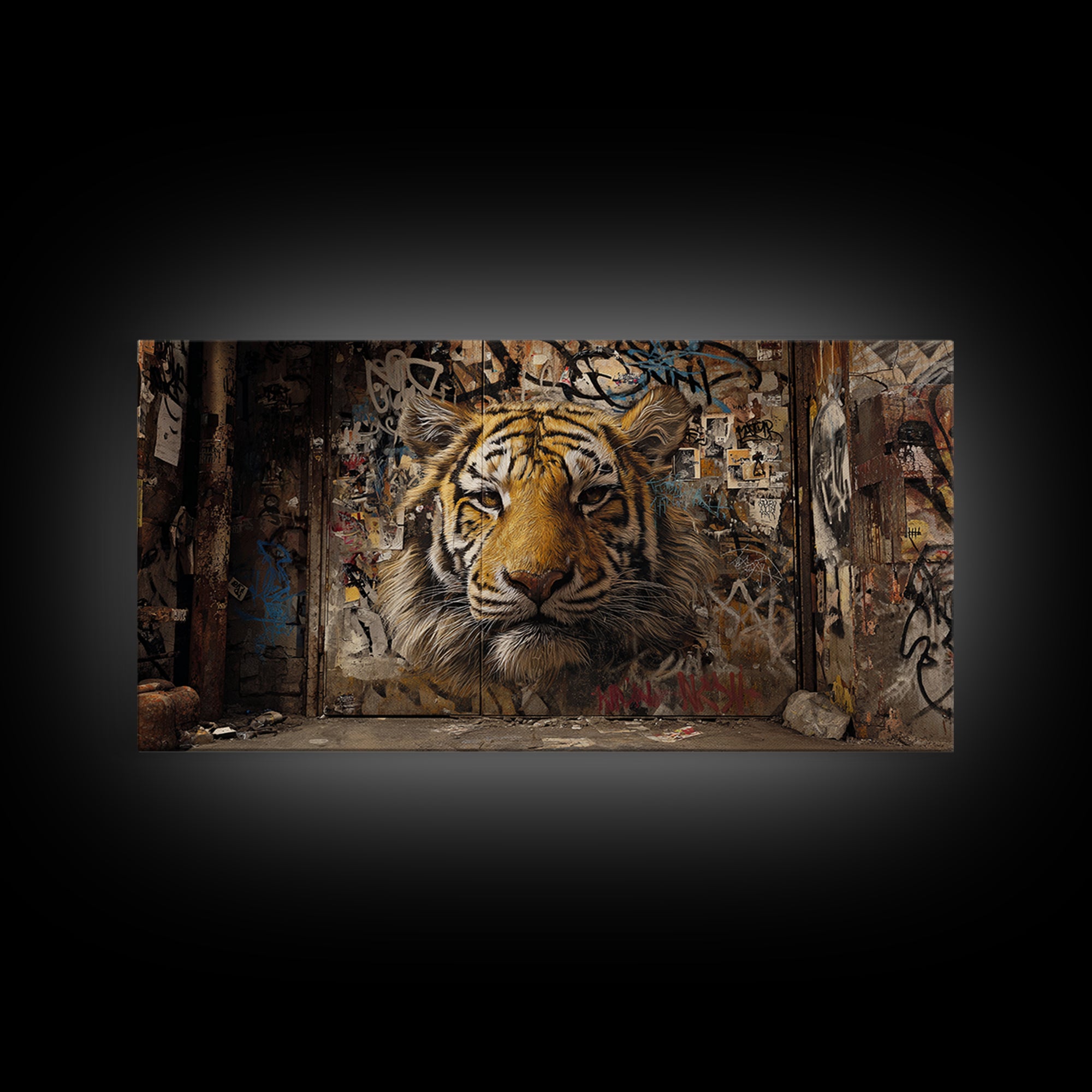 Urban Tiger Mural On Weathered Alley Wall Art, Graffiti Street Art Canvas Print, Big Cat Animal Wall Decor, Modern Home Decor