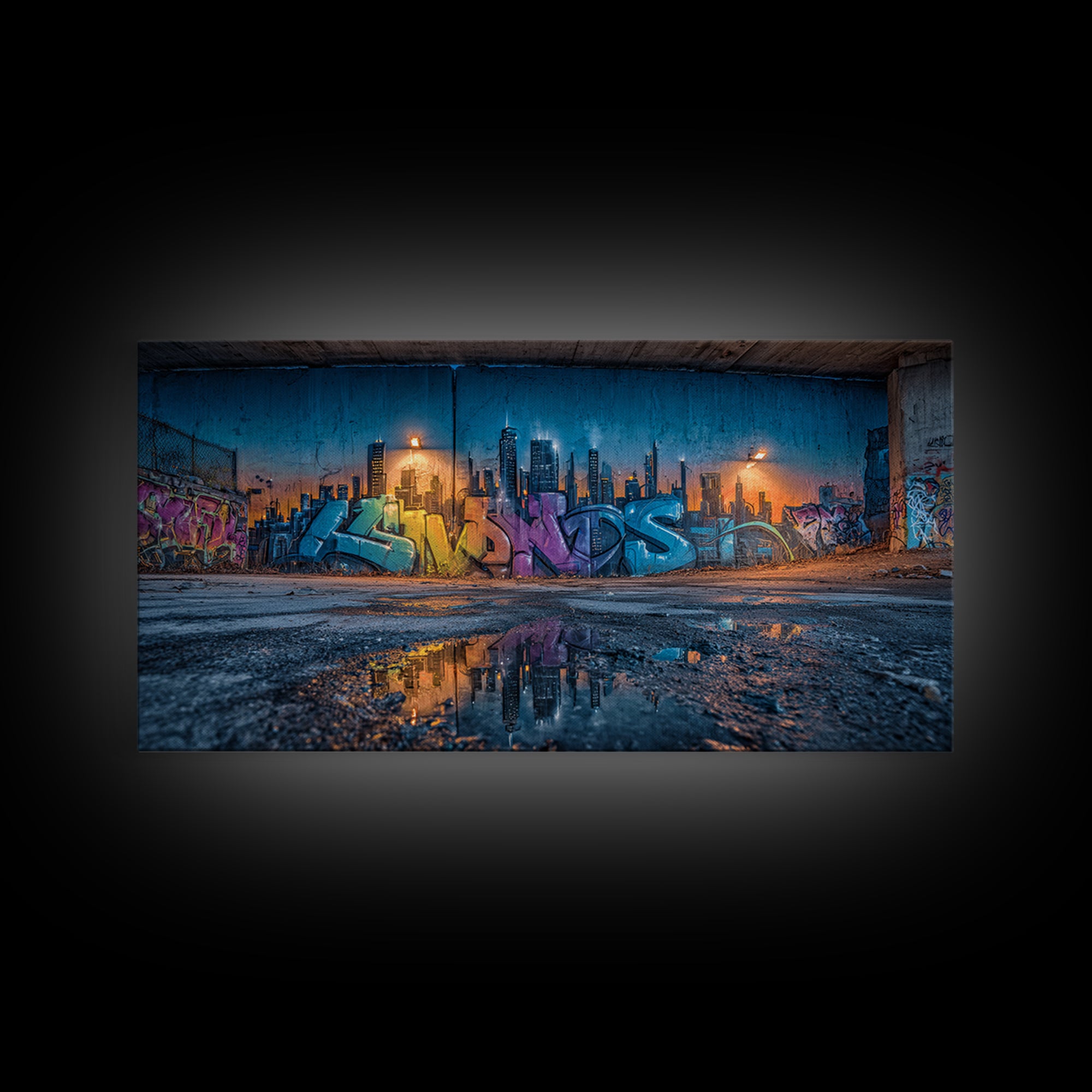 Rainy Urban Graffiti Skyline Wall Art, Street Art Canvas Print, Cyberpunk City Decor, Industrial Office Wall Decor, Modern Home Decor