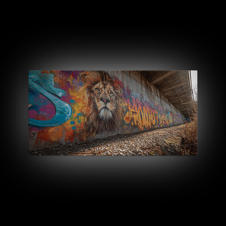 Lion Graffiti Underpass Canvas Print, Urban Street Art Wall Art, Colorful Wildlife Decor, Big Cat Mural Photography Print