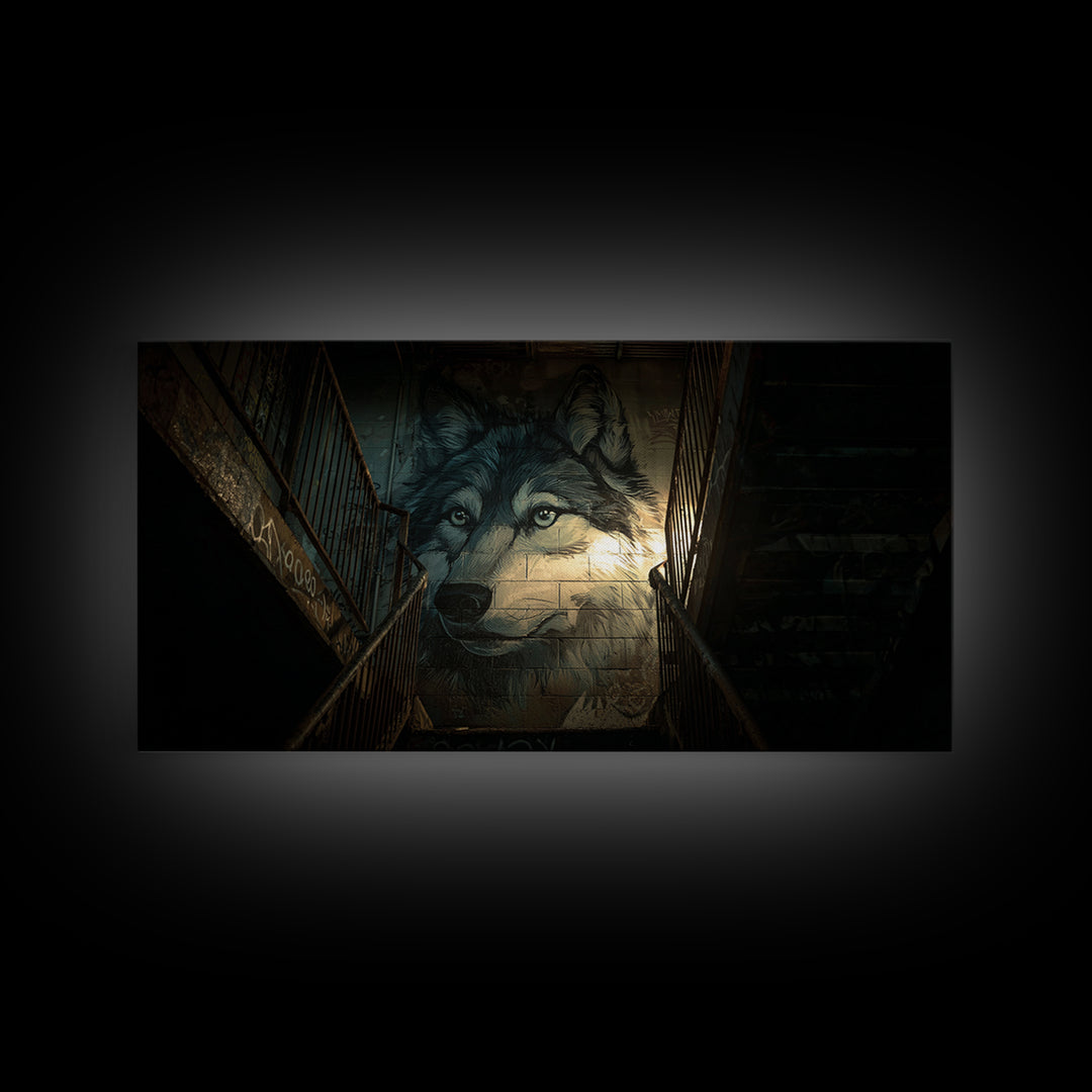 Dark Wolf Mural Stairwell Wall Art, Urban Animal Canvas Decor, Moody Graffiti Print, Masculine Office Decor Housewarming Gift For Him