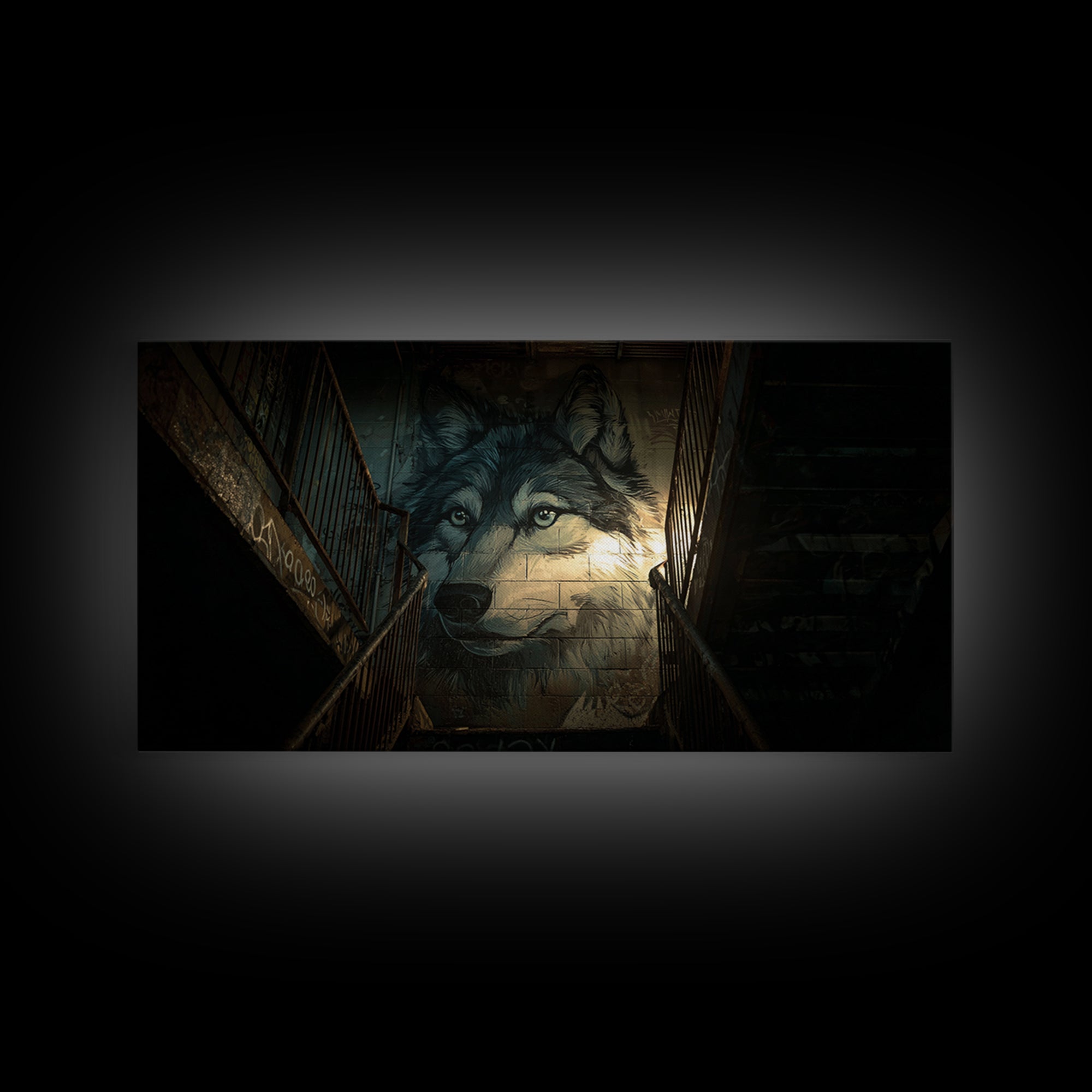 Dark Wolf Mural Stairwell Wall Art, Urban Animal Canvas Decor, Moody Graffiti Print, Masculine Office Decor Housewarming Gift For Him