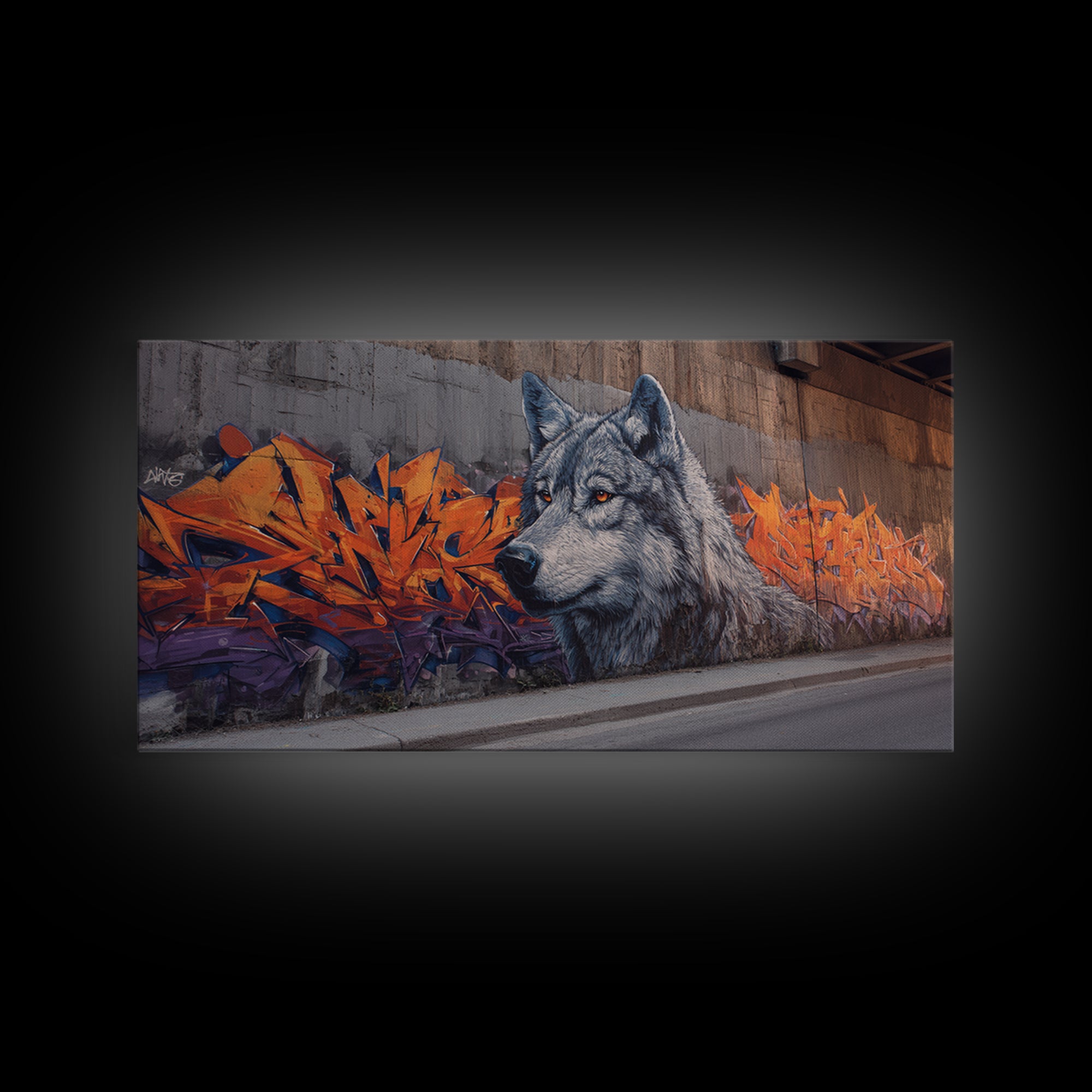 Gray Wolf Graffiti Mural Wall Art, Wildlife Street Canvas Print, Orange Urban Decor, Wolf Lover Gift, Modern Loft Apartment