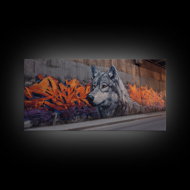 Gray Wolf Graffiti Mural Wall Art, Wildlife Street Canvas Print, Orange Urban Decor, Wolf Lover Gift, Modern Loft Apartment