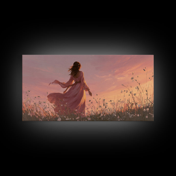 Woman In Pink Dress Sunset Meadow Canvas Print, Romantic Wall Art, Feminine Floral Decor, Dreamy Bedroom Living Room Art Gift For Her