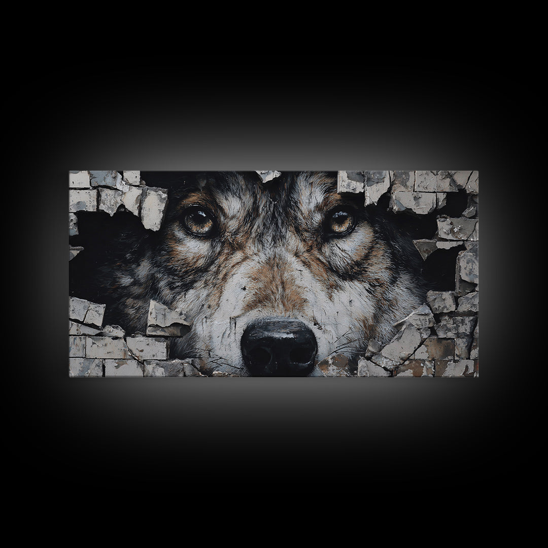 Wolf Dog Peeking Through Brick Wall Art, Rustic Animal Canvas Print, Wildlife Decor, Pet Lover Gift For Cabin Or Office Decor