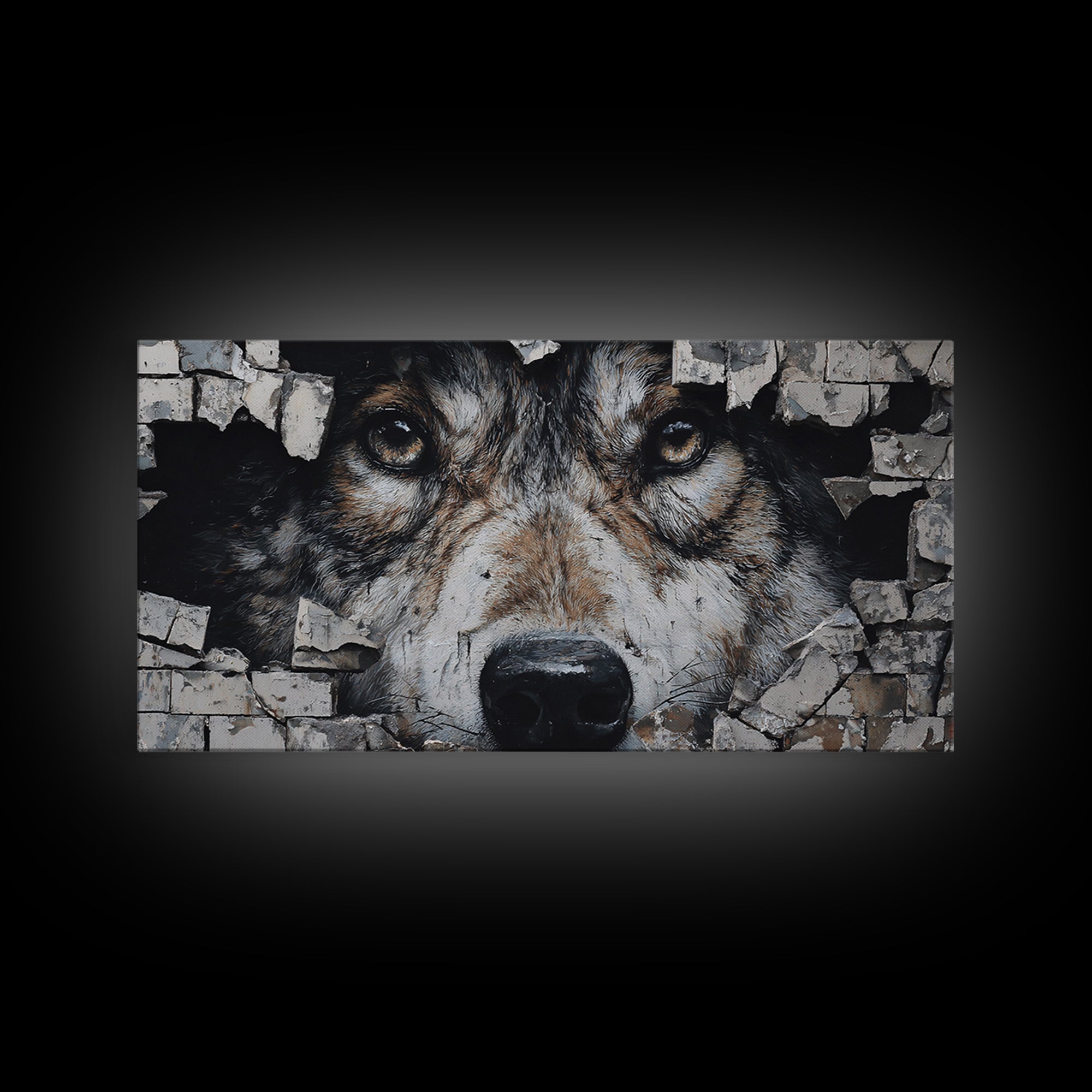 Wolf Dog Peeking Through Brick Wall Art, Rustic Animal Canvas Print, Wildlife Decor, Pet Lover Gift For Cabin Or Office Decor