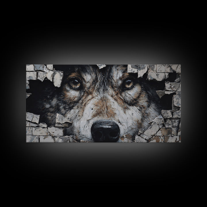 Wolf Dog Peeking Through Brick Wall Art, Rustic Animal Canvas Print, Wildlife Decor, Pet Lover Gift For Cabin Or Office Decor