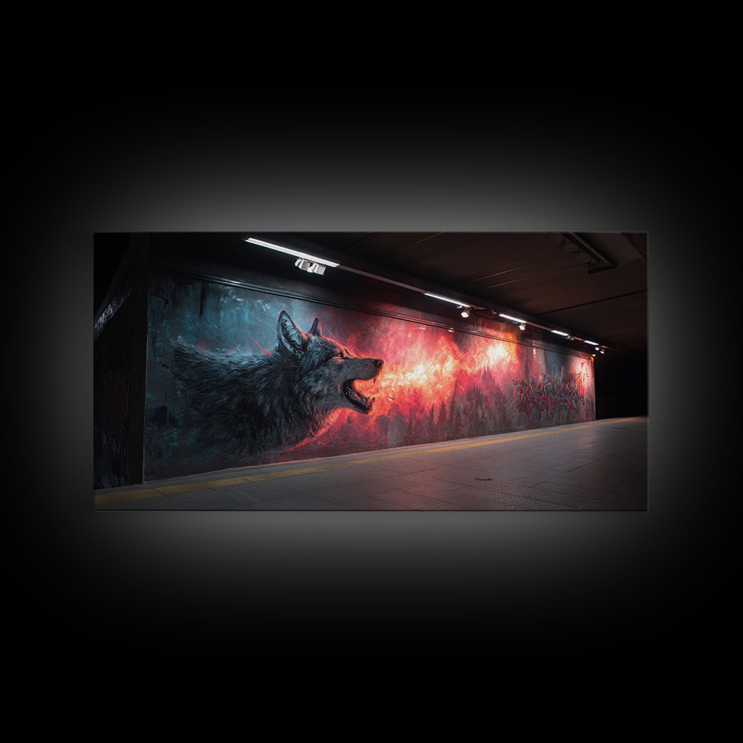 Howling Wolf Graffiti Tunnel Mural Wall Art, Urban Street Art Print, Dark Fantasy Decor, Edgy Man Cave Canvas For Living Room Decor